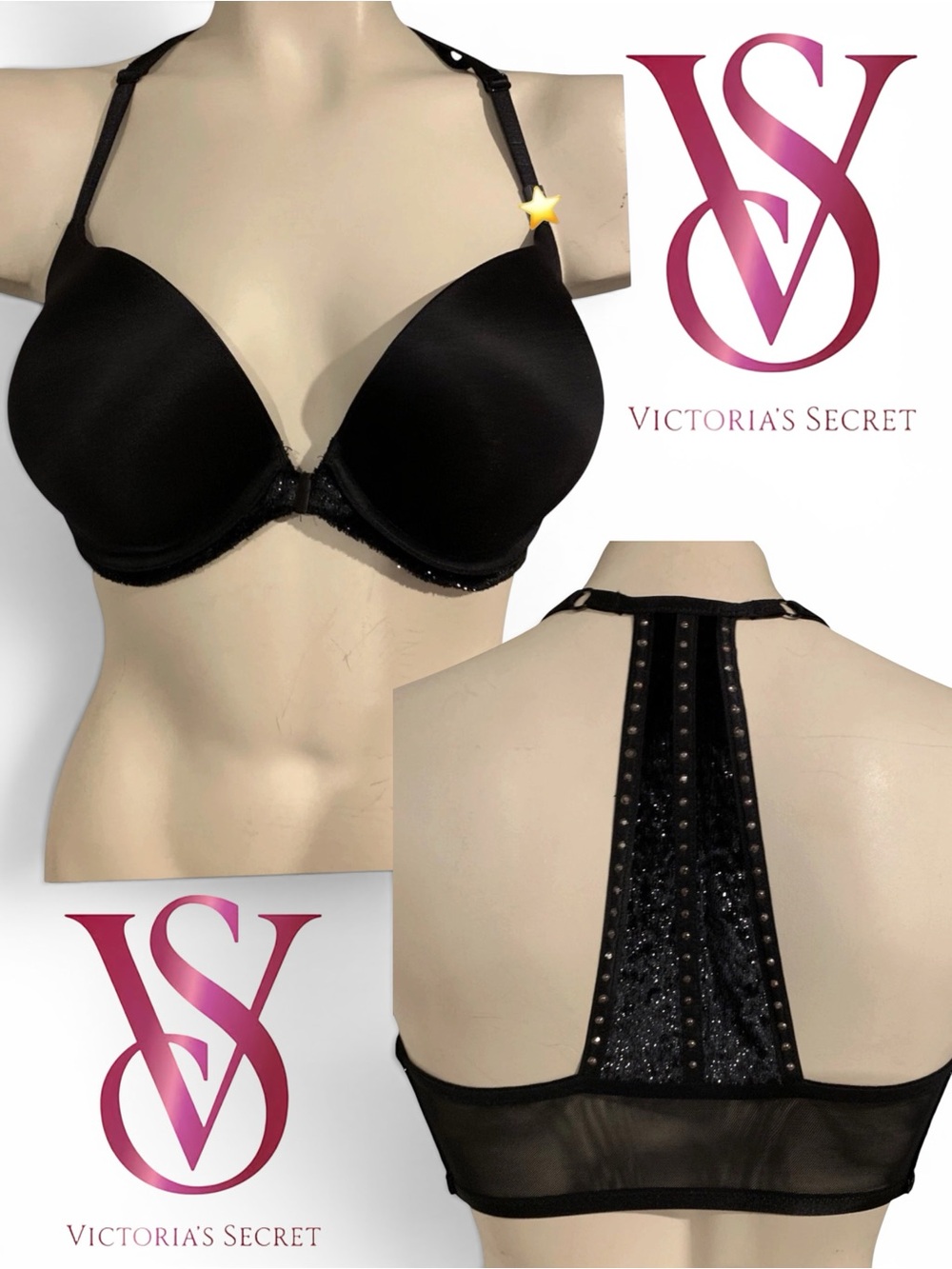 Victoria’s Secret Black Front Closure Push-Up Racerback Bra Studded 38C